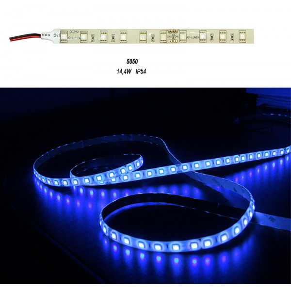 LED SMD Strip 5050 IP54 24VDC 60L/m 14.4W/m White PCB Blue