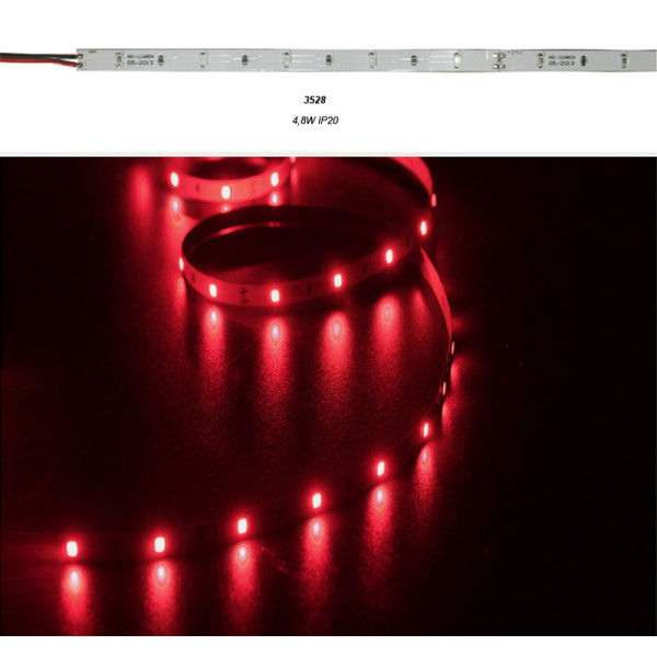 LED SMD Strip 3528 IP20 24VDC 60L/m 4.8W/m White PCB Red