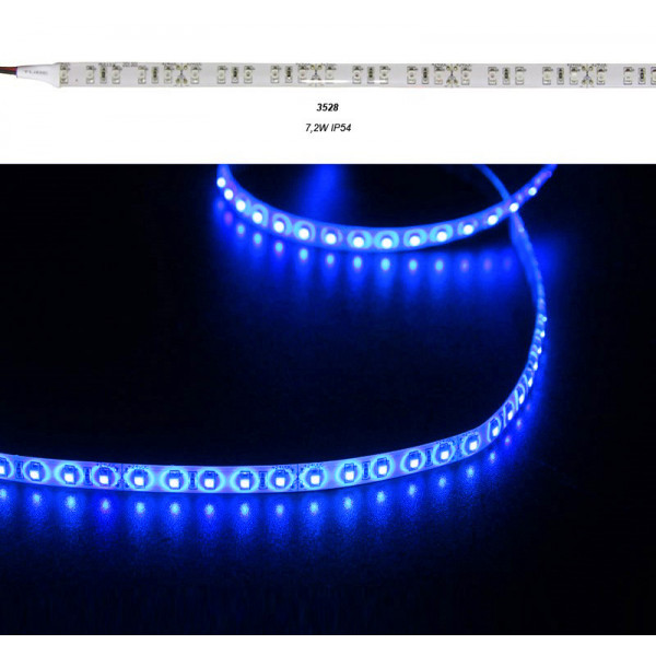 LED SMD Strip 3528 IP54 24VDC 90L/m 7.2W/m White PCB Blue