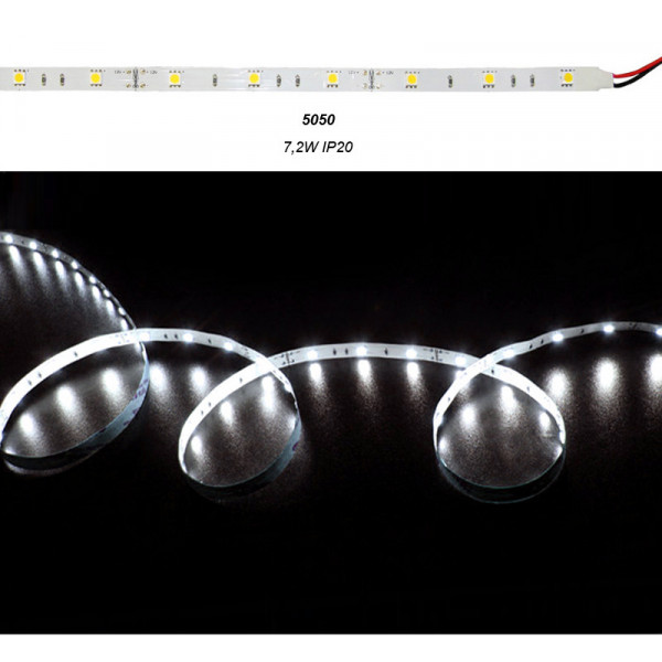 LED Strip Adhesive White PCB 5m 12VDC 7.2W/m 30L/m Cool White IP20