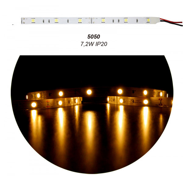 LED Strip Adhesive White PCB 5m 12VDC 7.2W/m 30L/m Amber IP20