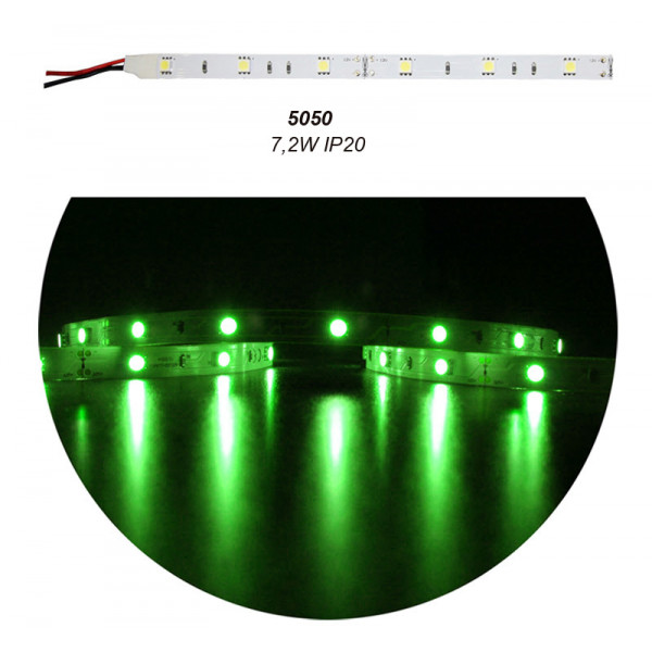 LED Strip Adhesive White PCB 5m 12VDC 7.2W/m 30L/m Green IP20