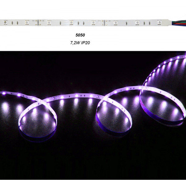 LED Strip Adhesive White PCB 5m 12VDC 7.2W/m 30L/m RGB IP20