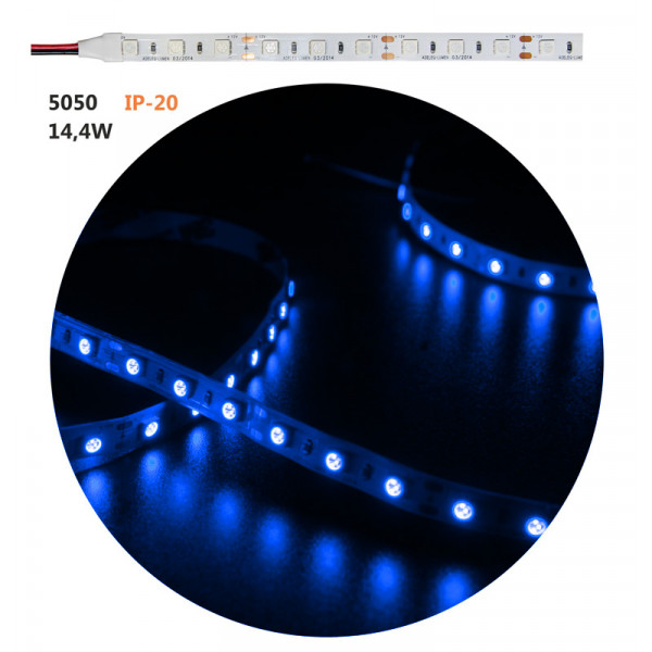 LED Strip Adhesive White PCB 5m 12VDC 14.4W/m 60L/m Blue IP20