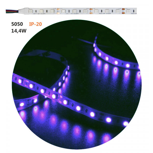 LED Strip Adhesive White PCB 5m 12VDC 14.4W/m 60L/m RGB IP20