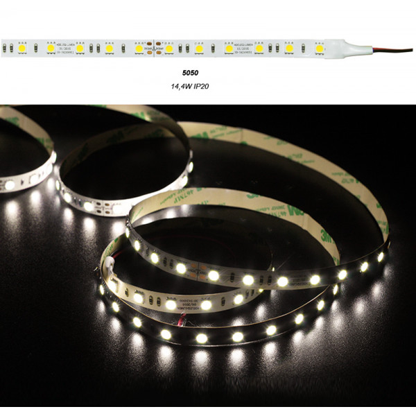 LED Strip Adhesive White PCB 5m24VDC 14.4W/m 60L/m Warm White IP20