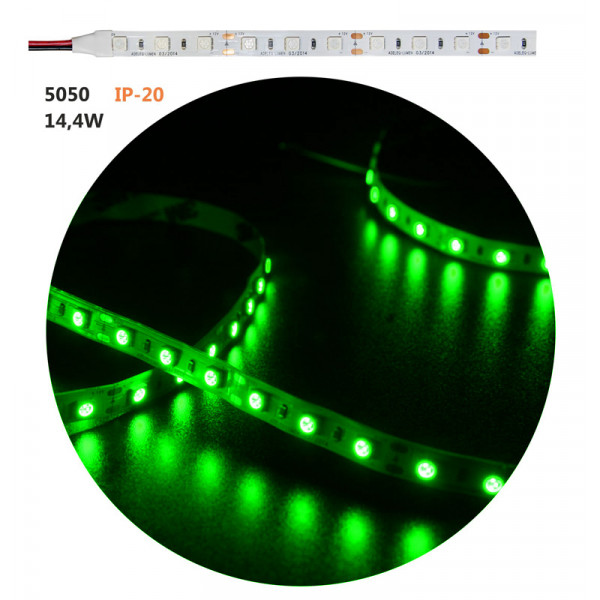 LED Strip Adhesive White PCB 5m24VDC 14.4W/m 60L/m Green IP20