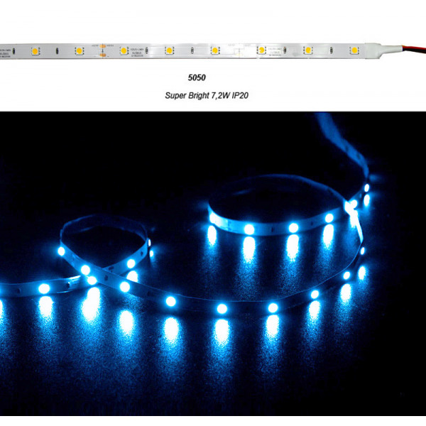 LED Strip Super Bright Adhesive White PCB 5m 12VDC 7.2W/m 30L/m Blue IP20