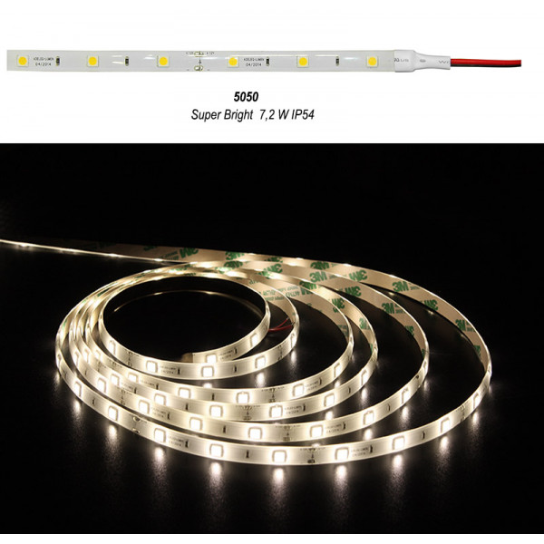 LED Strip Super Bright Adhesive White PCB 5m 12VDC 7.2W/m 30L/m Warm White IP54