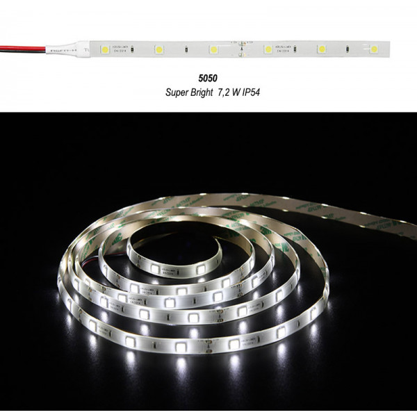 LED Strip Super Bright Adhesive White PCB 5m 12VDC 7.2W/m 30L/m Cool White IP54