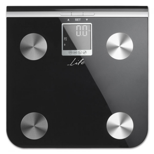 Glass bathroom scale with body fat analysis, 5 in 1.
