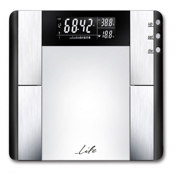 Glass bathroom scale with body fat analysis, 7 in 1.