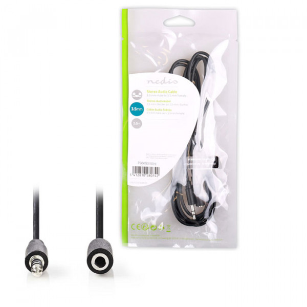 Stereo Audio Cable , 3.5 mm Male Slim - 3.5 mm Female Slim, 2.0m, Black