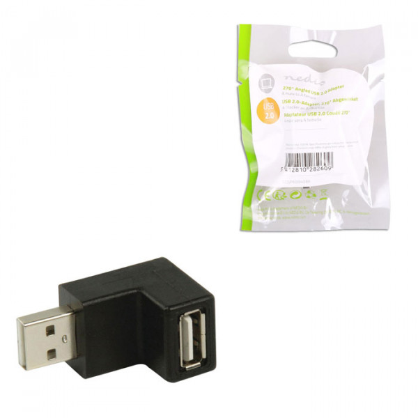 USB 2.0 Adapter,  A Male - A Female, 270° Angled, Black.