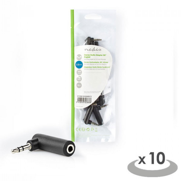 Stereo Audio Adapter 3.5 mm Male - 3.5 mm Female 90° Angled 3-Pole 10 Pcs Black