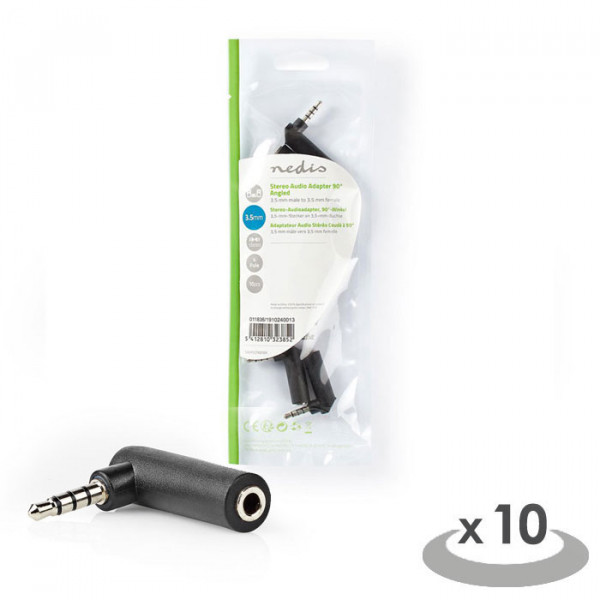 Stereo Audio Adapter 3.5 mm Male - 3.5 mm Female 90° Angled 10 Pcs 4-Pole Black