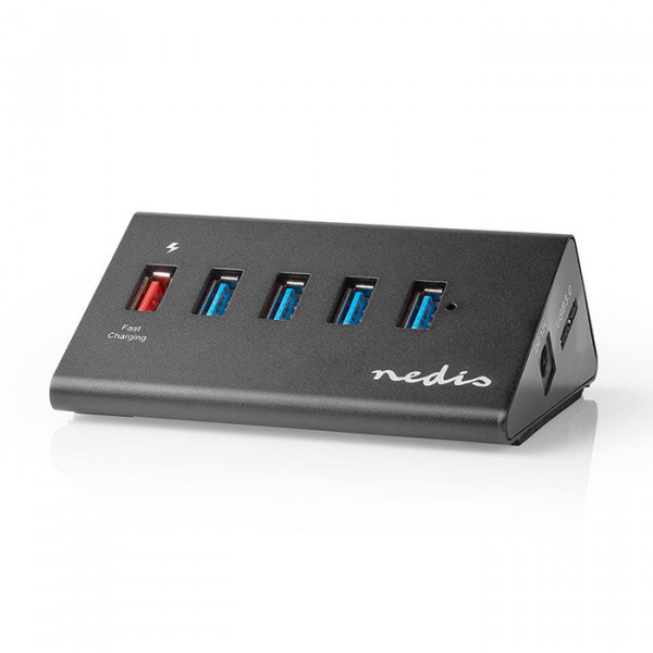 NEDIS UHUBUP3510BK - USB Hub 5-Port QC3.0 / USB 3.2 Gen1 Mains Powered / USB Powered 5 Gbps 5x USB