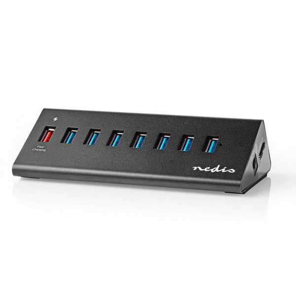 NEDIS UHUBUP3810BK - USB Hub 8-Port QC3.0 / USB 3.2 Gen1 Mains Powered / USB Powered 5 Gbps 8x USB