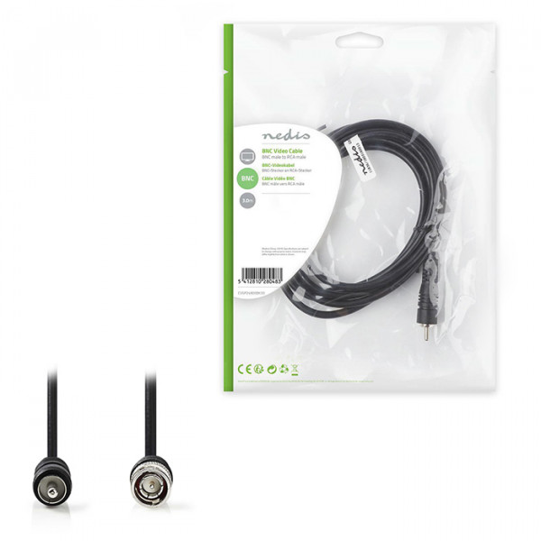 BNC Video Cable BNC Male RCA Male Nickel Plated 75 Ohm 3.00 m Round PVC Black Polybag