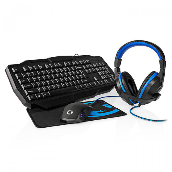 NEDIS GCK41100BKUS - Gaming Combo Kit 4-in-1 Keyboard, Headset, Mouse and Mouse Pad Black / Blue QWERTY US Layout
